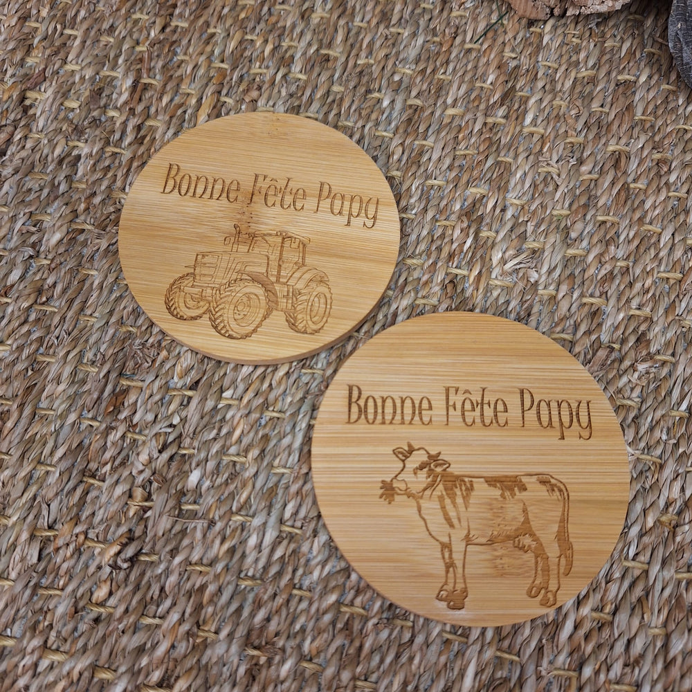Lot de 2 dessous en bambou tracteur et vache personnalisable